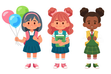 Three cute schoolgirls with backpacks, a book and balloons. Vector illustration