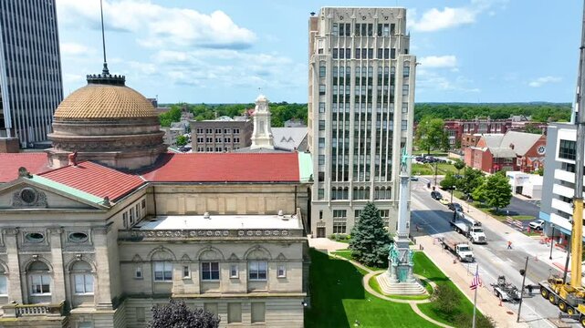 Aerial Tracking Shot of St. Joseph County Courthouse and Downtown South Bend