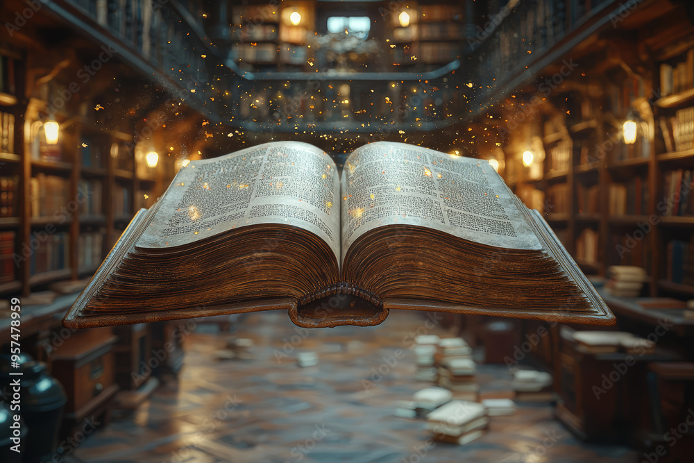Poster a floating book in a library with pages turning by themselves, hinting at an invisible reader. conce