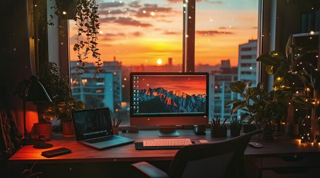 Modern room with computer monitor on a sleek table, offering a clean and productive workspace setup
 seamless looping 4k time-lapse virtual video animation background. generated ai
