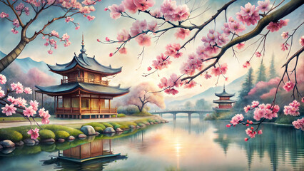Fototapeta premium Beautiful traditional Asian landscape with cherry blossoms and pagoda by the serene lake in watercolor style, copy space 