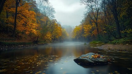 Fototapeta premium A river in a leafy forest, flowing through a rocky center