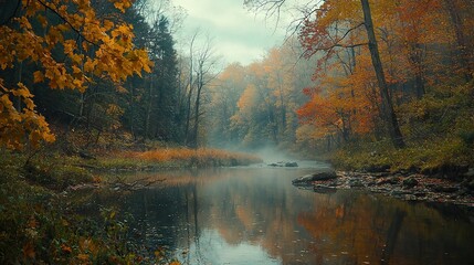 Fototapeta premium A pond enclosed by trees with vibrant yellow and red foliage, against a backdrop of another pond encircled by trees featuring orange leaves