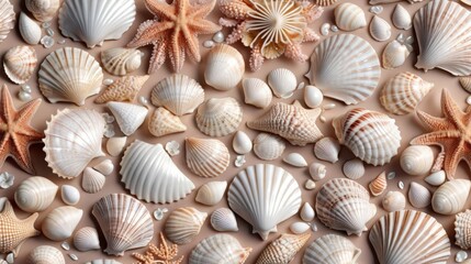 Assorted Seashells and Starfish on Sandy Beach