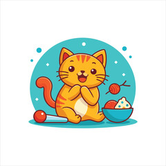 Cute Cat with Food And Yarn Ball Vector Icon Illustration. Isolated On White Background