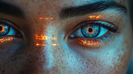 Closeup view of a human eye with glowing digital holographic interface, representing futuristic technology, augmented reality, and advanced artificial intelligence. Science fiction, innovation, tech
