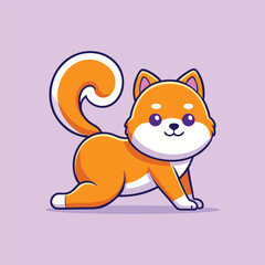 Cute Shiba Inu Dog Stretching Yoga Cartoon Vector Icon Illustration. Isolated Flat Cartoon Style