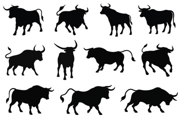 Bull Silhouette Collection Black Vector Set Isolated on White Background