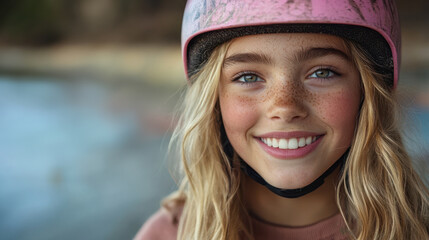Young girl wearing a pink helmet, smiling confidently outdoors, close-up portrait with natural freckles and blonde hair, enjoying a safe adventure