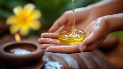 A serene spa experience in a tranquil setting with hands cradling warm oil and fresh flowers during a relaxation session