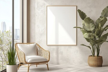 Poster Frame in Beige minimalist living room interior created with generative AI