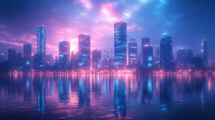 Fototapeta premium City skyline at dusk with neon lights reflecting on water, vibrant and colorful urban landscape, modern skyscrapers illuminated in twilight, futuristic cityscape
