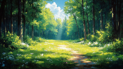 Naklejka premium Sunlit path through lush green forest with tall trees, serene nature scene, inviting trail for outdoor walks and hiking, peaceful and tranquil environment