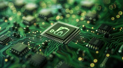 Close-up of a circuit board with a prominent green lock symbol, illustrating cybersecurity and defense against digital threats..