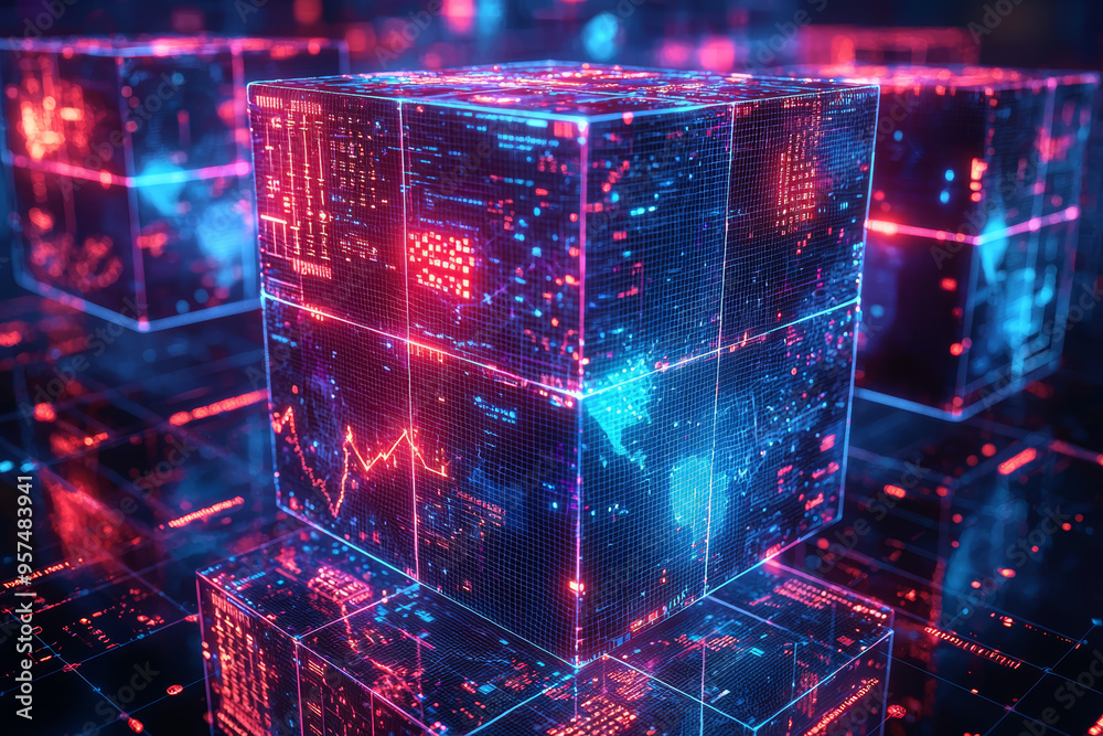 Poster a set of stacked cubes with each face of the cube displaying different types of data or infographics