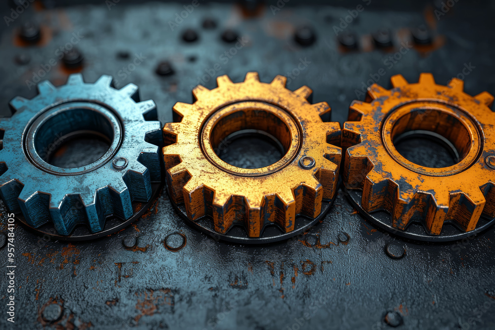 Poster a set of interlocking gears with each gear displaying a different creative or intellectual concept, 