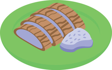 Cooked taro root is sliced and ready to eat on a plate, with a side of purple yam dip