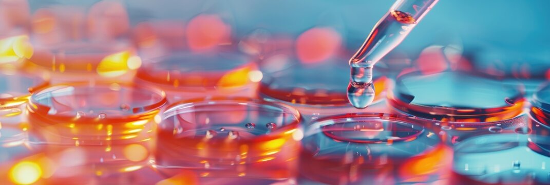 Transferring liquid from a petri dish to a 96-well plate using a pipette for drug or chemical research, assessing cell cytotoxicity with MTT assay in the 96-well plate.