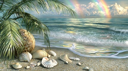   Seashells and Palm Tree Beach Rainbow Painting