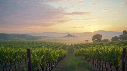 Naklejka premium A vineyard with fog, trees in the foreground, and hills in the background as the sun sets