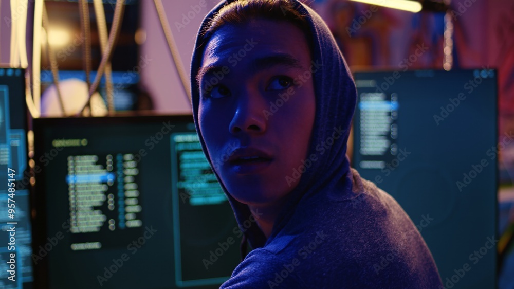 Poster close up shot on hacker in graffiti painted hideout feeling paranoid while developing spyware softwa
