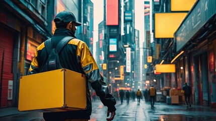 Obraz premium Man Walking Down Street Holding Yellow Box