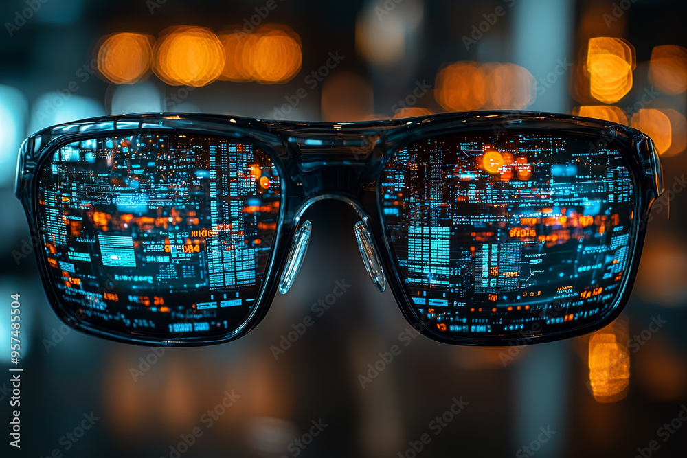 Poster a pair of glasses with lenses that project different pieces of information when worn, creating a per