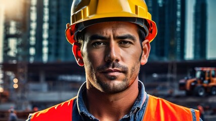 Fototapeta premium Construction Worker in Hard Hat at Construction Site