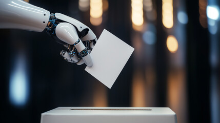 Hand of AI humanoid robot placing vote envelope in ballot box