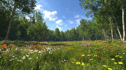 Obraz premium A lush meadow filled with colorful wildflowers, towering trees, and a clear blue sky above, adorned with fluffy white clouds