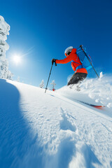 A skier is skiing down a snowy slope with a blue backpack on