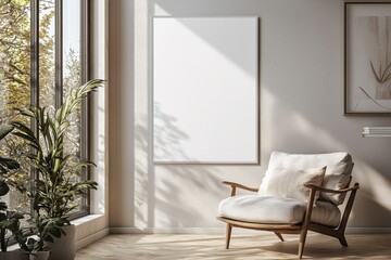 Poster Frame in Beige minimalist living room interior created with generative AI