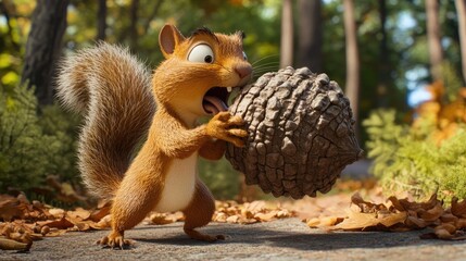 Obraz premium A cartoon squirrel trying to carry an oversized acorn, struggling humorously with its weight