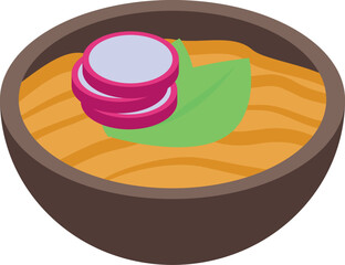 This isometric icon features a steaming bowl of soup, garnished with fresh radish and spinach, perfect for food and beverage projects
