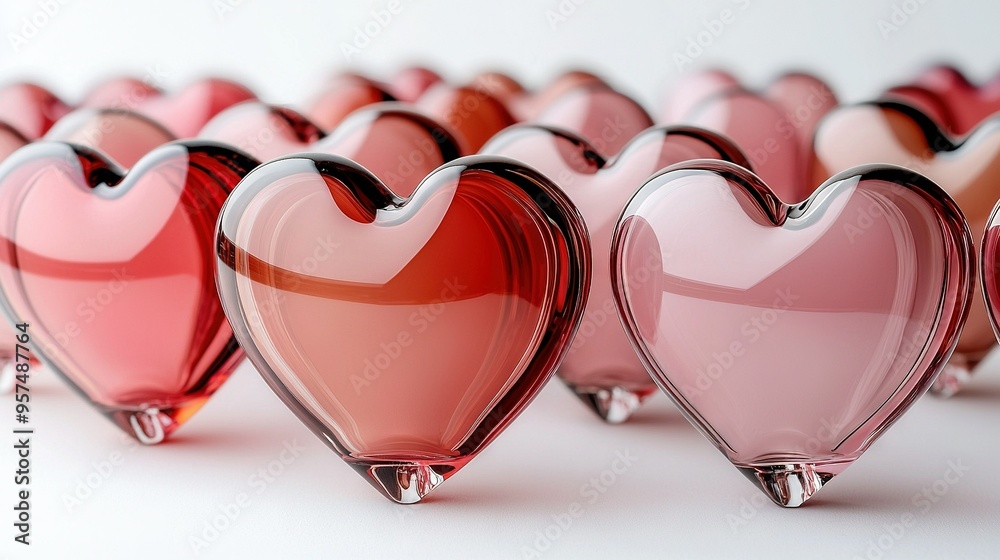 Sticker   A row of heart-shaped glass vases sits atop a white table, adorned with red and pink hearts arranged in the center