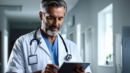 Male Doctor in White Coat Looking at Tablet