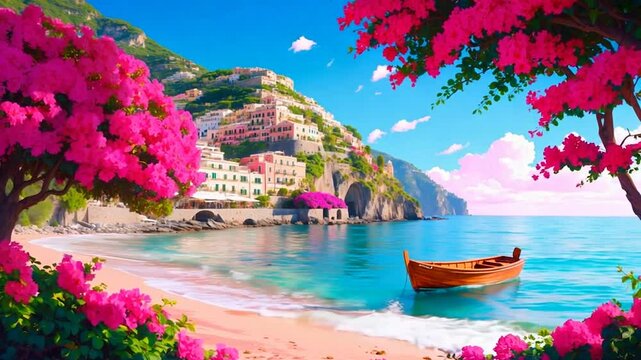 Video Shot Featuring A Coastal Village With Vibrant Pink Flowers And Clear Blue Waters. 
