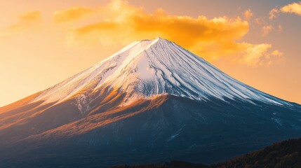 Mount Fuji at sunrise with golden light illuminating the snow-covered peak, symbolizing new beginnings and hope