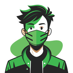 A minimalist flat line art illustration of a man with green hair wearing a green face mask