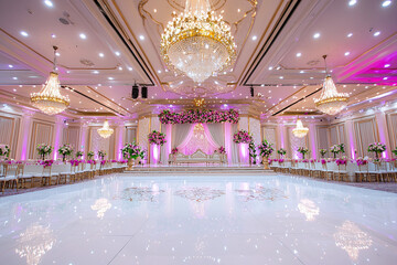 an Indian wedding venue, featuring a grand stage with intricate backdrop designs, plush seating for the bride and groom, and vibrant floral arrangements
