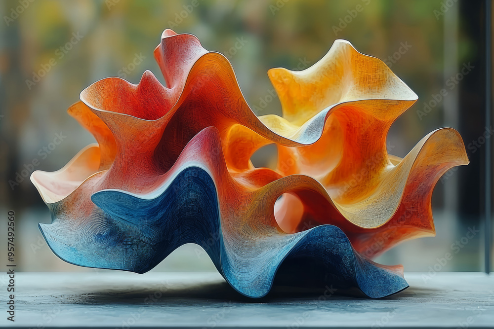Aufkleber A floating abstract sculpture where each part changes shape to represent different cognitive functions and creative processes. Concept of fluid intelligence and creativity.