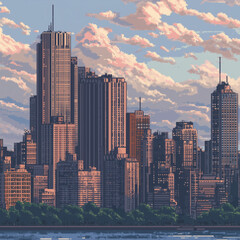 Fototapeta premium Pixel Art Cityscape at Sunset with Skyscrapers