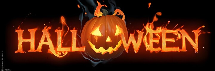 Fototapeta premium 3D Halloween text with fire letters, and creepy lantern jack-o face