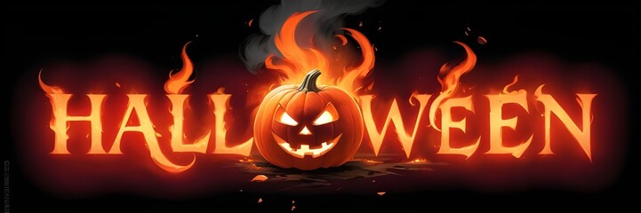 Fototapeta premium 3D Halloween text with fire letters, and creepy lantern jack-o face