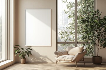 Poster Frame in Beige minimalist living room interior created with generative AI