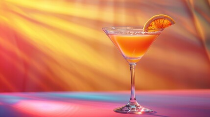 Refreshing martini cocktail with an orange garnish, glowing warmly against a colorful, ambient backdrop..