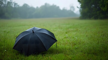 Dark Umbrella on Lush Green Field, rainy day .
