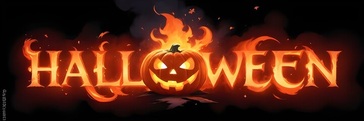 Fototapeta premium 3D Halloween text with fire letters, and creepy lantern jack-o face