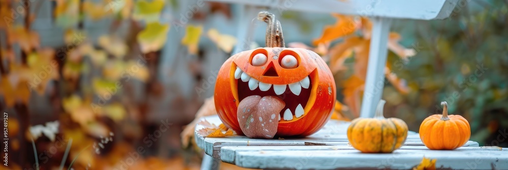 Poster Whimsical-faced pumpkin with a protruding tongue on a white wooden stool, perfect for autumn garden decor.