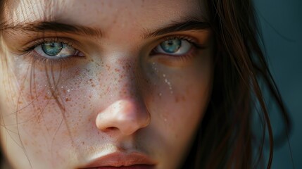 Fototapeta premium Beautiful young European woman. Close-up of the face. Cinematic. Detailing. AI generative.